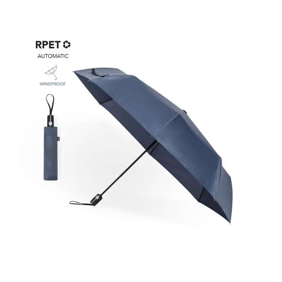 Paraguas plegable de 120cm de diámetro en material pongee 190T RPET. De apertura y cierre automáticos, con sistema antiviento y varillas en fibra de vidrio. Mango de suave tacto goma, con funda de transporte y cinta a juego. Disponible en variada gama de colores, con etiqueta RPET.El material RPET se elabora a partir de plástico reciclado, para así fomentar la reutilización de residuos plásticos y ayudar a la sostenibilidad del planeta.