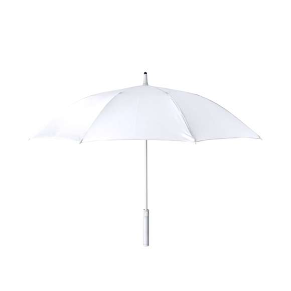 Paraguas de 105cm de diámetro en material poliéster 190T RPET. Apertura automática y varillas de fibra de vidrio antiviento, en variedad de alegres colores en cierre de velcro. Mango recto y caña en suave ABS de tacto gomoso, con etiqueta distintiva RPET.El material RPET se elabora a partir de plástico reciclado, para así fomentar la reutilización de residuos plásticos y ayudar a la sostenibilidad del planeta.