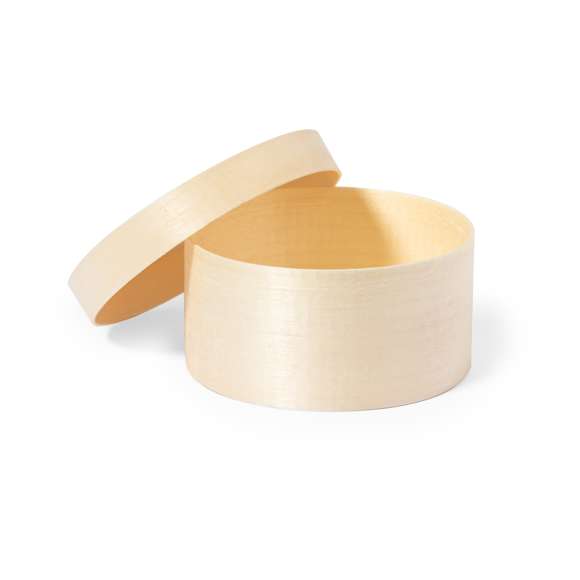 Caja de presentación formato redondo, fabricada en madera natural y con tapa a juego.