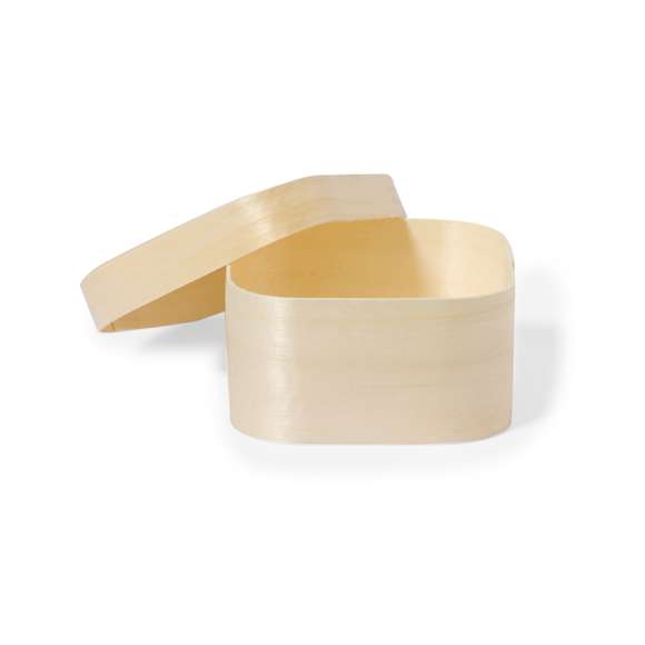 Caja de presentación formato cuadrado, fabricada en madera natural y con tapa a juego.