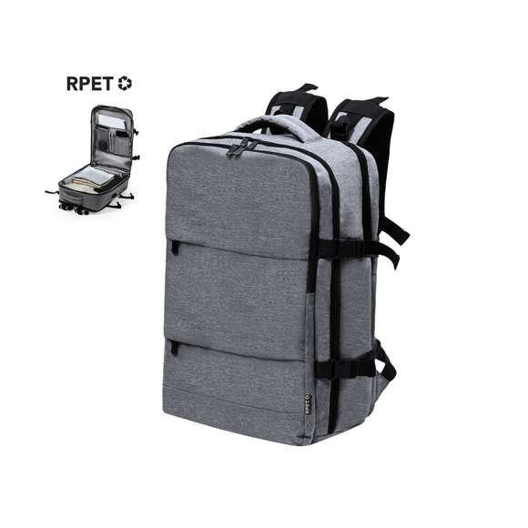Mochila multifunción fabricada en 300D RPET. Elaborada con poliéster reciclado y resistente al agua, cuenta con una excelente transpirabilidad en la zona trasera, facilitando la disipación del calor gracias a sus cintas y respaldo acolchados. Las cintas anchas están diseñadas para aliviar la presión en los hombros, permitiendo llevar la mochila cómodamente durante largos periodos.Perfecta para cualquier situación por tener múltiples compartimentos: 2 bolsillos frontales. 3 compartimentos grandes centrales, uno de ellos portatodo, un bolsillo central de gran capacidad para guardad ropa y/o complementos con organizador en su interior, y un tercero acolchado, perfecto para llevar portátil de hasta 17,3 pulgadas. Además, cuenta con 3 apartados especiales, un bolsillo lateral perfecto para tener acceso rápido, bolsillo para calzado en la base con argollas de ventilación, y bolsillo antirrobo en la espalda, además de cable USB. Perfecta para viajes o para el día a día por sus cintas ajustables, adaptándose a todo estilo de vida. Disponible en negro y gris, con logotipo RPET incluido. Presentada individualmente en bolsa reciclada.El material RPET se elabora a partir de plástico reciclado, para así fomentar la reutilización de residuos plásticos y ayudar a la sostenibilidad del planeta.