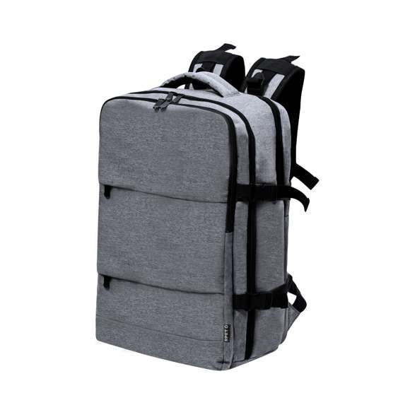 Mochila multifunción fabricada en 300D RPET. Elaborada con poliéster reciclado y resistente al agua, cuenta con una excelente transpirabilidad en la zona trasera, facilitando la disipación del calor gracias a sus cintas y respaldo acolchados. Las cintas anchas están diseñadas para aliviar la presión en los hombros, permitiendo llevar la mochila cómodamente durante largos periodos.Perfecta para cualquier situación por tener múltiples compartimentos: 2 bolsillos frontales. 3 compartimentos grandes centrales, uno de ellos portatodo, un bolsillo central de gran capacidad para guardad ropa y/o complementos con organizador en su interior, y un tercero acolchado, perfecto para llevar portátil de hasta 17,3 pulgadas. Además, cuenta con 3 apartados especiales, un bolsillo lateral perfecto para tener acceso rápido, bolsillo para calzado en la base con argollas de ventilación, y bolsillo antirrobo en la espalda, además de cable USB. Perfecta para viajes o para el día a día por sus cintas ajustables, adaptándose a todo estilo de vida. Disponible en negro y gris, con logotipo RPET incluido. Presentada individualmente en bolsa reciclada.El material RPET se elabora a partir de plástico reciclado, para así fomentar la reutilización de residuos plásticos y ayudar a la sostenibilidad del planeta.