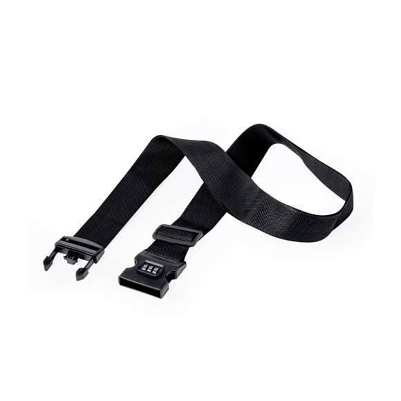Cinta para maletas ajustable fabricada en resistente poliéster. Con cierre de hebilla ajustable y contraseña de 3 cifras. En discreto color negro y de 200cm de largo. Presentada en una bolsa individual de papel reciclado.