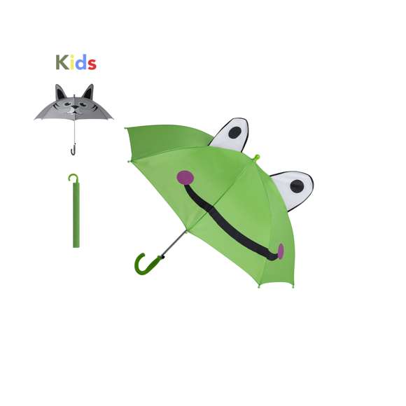 Paraguas infantil con divertidos diseños de gato y rana. De 78cm de diámetro y fabricado en resistente material poliéster 180T. Apertura automática, con caña y varillas de metal, mango curvo y funda de poliéster a juego.