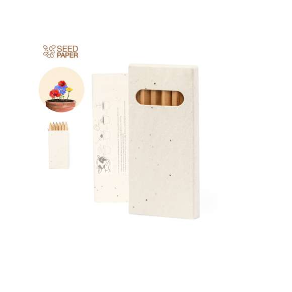 Set de 6 lápices en caja de cartón natural con semillas. Lápices de madera con cuerpo hexagonal de acabado natural y minas en variada gama de colores. Incluye semillas de petunia en la caja, convirtiéndolo así en cartón plantable al final de su vida útil. Flores en colores surtidos, con instrucciones de plantado en la cubierta trasera.