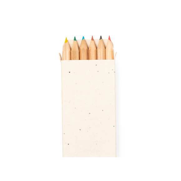 Set de 6 lápices en caja de cartón natural con semillas. Lápices de madera con cuerpo hexagonal de acabado natural y minas en variada gama de colores. Incluye semillas de petunia en la caja, convirtiéndolo así en cartón plantable al final de su vida útil. Flores en colores surtidos, con instrucciones de plantado en la cubierta trasera.