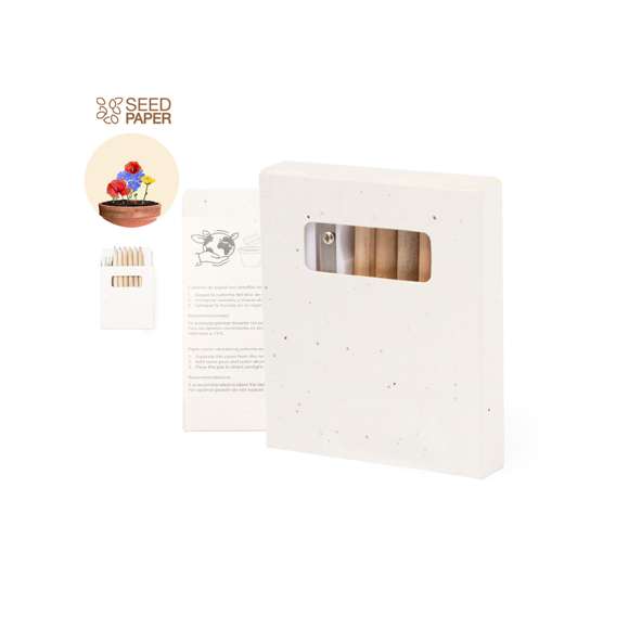 Set de 6 lápices con plantillas para colorear y sacapuntas, presentado en caja de cartón natural con semillas. Lápices de madera con cuerpo redondo de acabado natural y minas en variada gama de colores. Incluye semillas de petunia en la caja, convirtiéndolo así en cartón plantable al final de su vida útil. Flores en colores surtidos, con instrucciones de plantado en la cubierta trasera.
