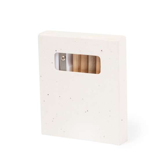 Set de 6 lápices con plantillas para colorear y sacapuntas, presentado en caja de cartón natural con semillas. Lápices de madera con cuerpo redondo de acabado natural y minas en variada gama de colores. Incluye semillas de petunia en la caja, convirtiéndolo así en cartón plantable al final de su vida útil. Flores en colores surtidos, con instrucciones de plantado en la cubierta trasera.