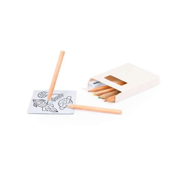 Set de 6 lápices con plantillas para colorear y sacapuntas, presentado en caja de cartón natural con semillas. Lápices de madera con cuerpo redondo de acabado natural y minas en variada gama de colores. Incluye semillas de petunia en la caja, convirtiéndolo así en cartón plantable al final de su vida útil. Flores en colores surtidos, con instrucciones de plantado en la cubierta trasera.