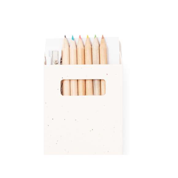 Set de 6 lápices con plantillas para colorear y sacapuntas, presentado en caja de cartón natural con semillas. Lápices de madera con cuerpo redondo de acabado natural y minas en variada gama de colores. Incluye semillas de petunia en la caja, convirtiéndolo así en cartón plantable al final de su vida útil. Flores en colores surtidos, con instrucciones de plantado en la cubierta trasera.