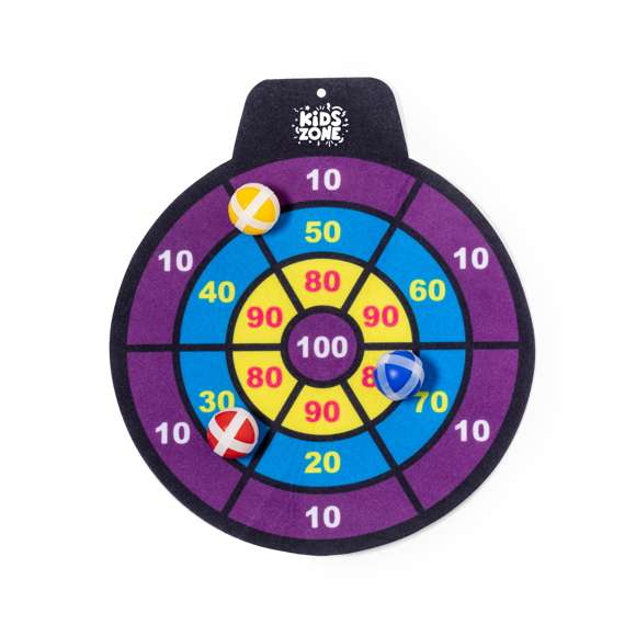Divertida diana de tela con pelotas de velcro. Perfecta para todas las edades ofreciendo un objetivo desafiante y seguro. El juego consiste en lanzar a la diana con puntuaciónes las pelotas de distintos colores, que se quedarán fijas gracias a su envoltura de velcro. Fácil de colgar en cualquier sitio y a cualquier altura mediante agujero. Incluye diana de tela flexible y 3 pelotas con velcro. Presentado en bolsa reciclada.