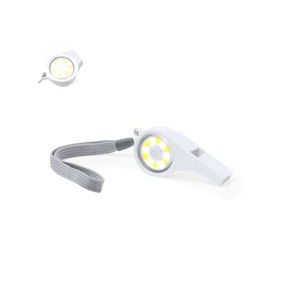 Ingenioso silbato multiusos con luz integrada en el cuerpo. Fabricado en resistente ABS, con 6 luces COB y varias posiciones de iluminación: fija con dos niveles de intensidad e intermitente para una mayor visibilidad. Cordón para un cómodo transporte y está alimentado por una pila de botón (incluida). Presentado en caja de diseño kraft.