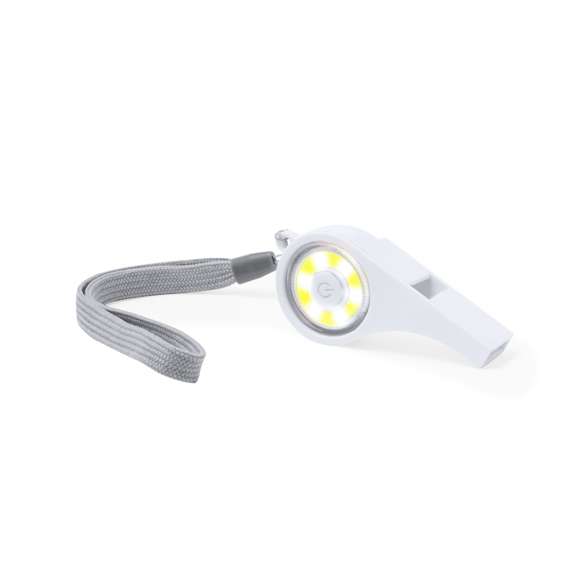 Ingenioso silbato multiusos con luz integrada en el cuerpo. Fabricado en resistente ABS, con 6 luces COB y varias posiciones de iluminación: fija con dos niveles de intensidad e intermitente para una mayor visibilidad. Cordón para un cómodo transporte y está alimentado por una pila de botón (incluida). Presentado en caja de diseño kraft.