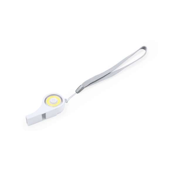 Ingenioso silbato multiusos con luz integrada en el cuerpo. Fabricado en resistente ABS, con 6 luces COB y varias posiciones de iluminación: fija con dos niveles de intensidad e intermitente para una mayor visibilidad. Cordón para un cómodo transporte y está alimentado por una pila de botón (incluida). Presentado en caja de diseño kraft.