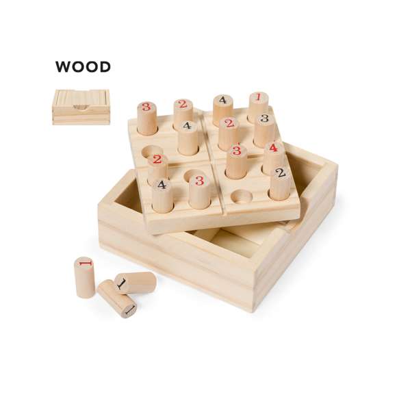 Juego de habilidad sudoku fabricado en suave madera. Incluye 16 fichas de madera numeradas, en estuche de madera con tapa-tablero. Con reglas del juego en español e inglés. Presentado individualmente en caja de diseño kraft.