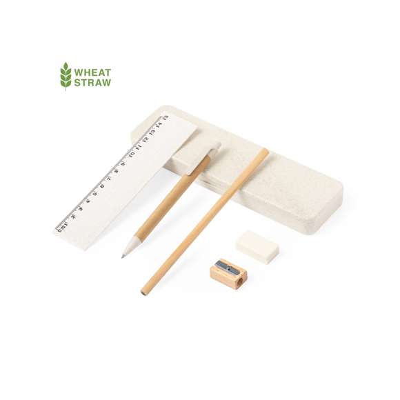 Set de escritura fabricado en caña de trigo. Práctico conjunto compuesto por: - Lápiz hecho en madera- Bolígrafo fabricado en cartón reciclado y caña de trigo- Regla hecha con caña de trigo- Sacapuntas de madera- Goma- Estuche hecho en caña de trigo. La caña de trigo fomenta la utilización de materias primas naturales, reduciendo así las emisiones contaminantes.