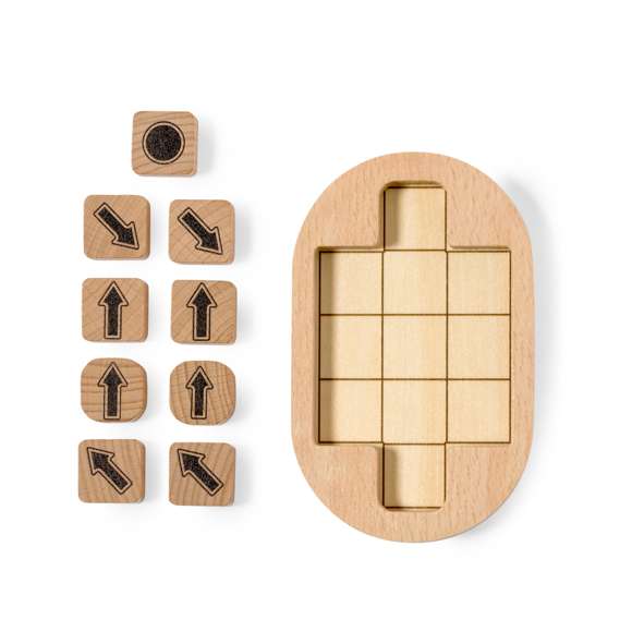 Juego de habilidad fabricado en madera, compuesto por 9 piezas y un tablero. El desafío consiste en deslizar las 8 piezas con flechas por el tablero para ordenarlas apuntando a la ficha con un punto, ofreciendo destreza y estrategia. Presentado individualmente en una caja de diseño kraft.
