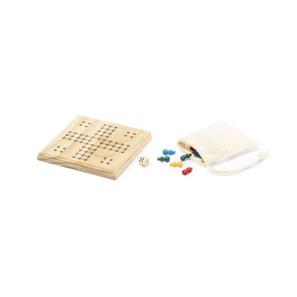 Entretenido juego de parchis fabricado en madera. Contiene un tablero, 16 fichas de 4 colores diferentes y un dado. Para participar entre 2 y 4 jugadores. Con práctica bolsita de algodón para guardar las fichas. Presentado individualmente en caja de diseño kraft.