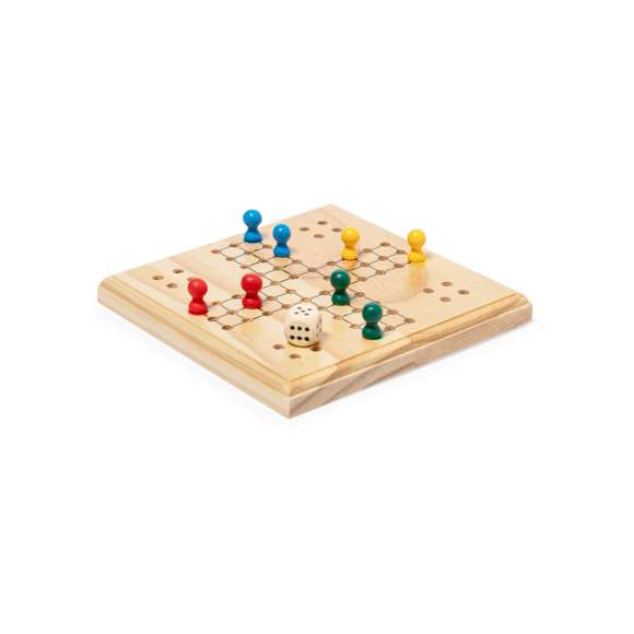 Entretenido juego de parchis fabricado en madera. Contiene un tablero, 16 fichas de 4 colores diferentes y un dado. Para participar entre 2 y 4 jugadores. Con práctica bolsita de algodón para guardar las fichas. Presentado individualmente en caja de diseño kraft.