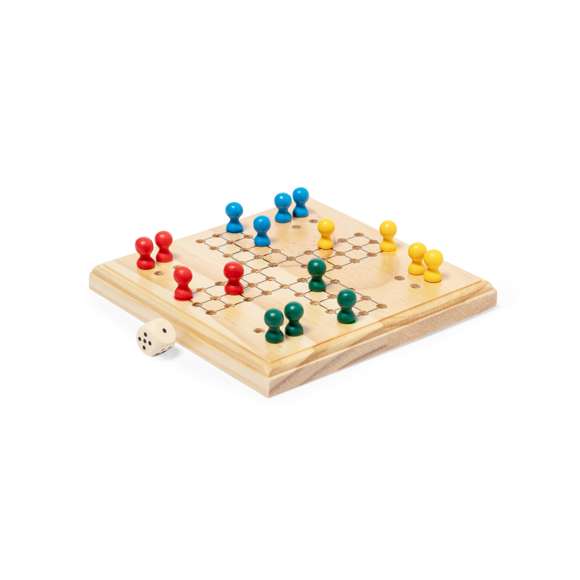Entretenido juego de parchis fabricado en madera. Contiene un tablero, 16 fichas de 4 colores diferentes y un dado. Para participar entre 2 y 4 jugadores. Con práctica bolsita de algodón para guardar las fichas. Presentado individualmente en caja de diseño kraft.
