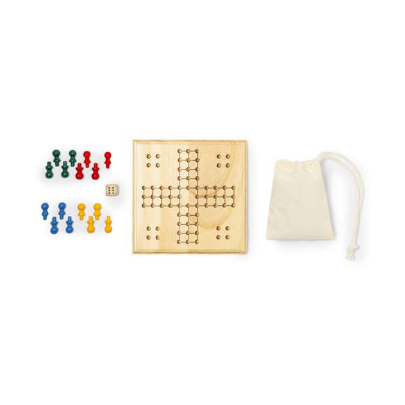 Entretenido juego de parchis fabricado en madera. Contiene un tablero, 16 fichas de 4 colores diferentes y un dado. Para participar entre 2 y 4 jugadores. Con práctica bolsita de algodón para guardar las fichas. Presentado individualmente en caja de diseño kraft.