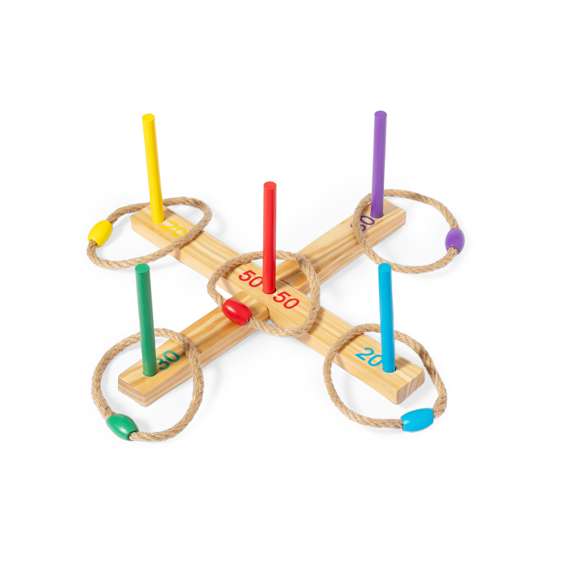 Juego de puntería fabricado en madera. Consiste en colar los aros de cuerda en la base con palos del mismo color (cada color tiene una puntuación diferente). Compacto y cómodo de montar, incluye 12 piezas. Con instrucciones en español e inglés. Presentado individualmente en una caja de diseño kraft.