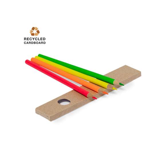Set de 4 lápices en caja de cartón reciclada con ventana. Lápices de madera con cuerpo cilíndrico en variados colores fluor y minas en divertidos colores.