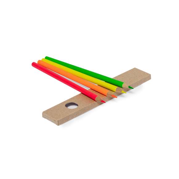 Set de 4 lápices en caja de cartón reciclada con ventana. Lápices de madera con cuerpo cilíndrico en variados colores fluor y minas en divertidos colores.
