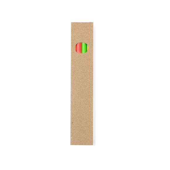 Set de 4 lápices en caja de cartón reciclada con ventana. Lápices de madera con cuerpo cilíndrico en variados colores fluor y minas en divertidos colores.