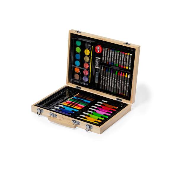 Completo maletín para colorear fabricado en madera, con cómoda asa de transporte. Contenido: - 12 rotuladores- 12 lápices- 12 ceras crayón - 12 ceras al aceite - Placa de acuarelas con pincel y paleta - Sacapuntas- Goma- Tarro de pegamento- Regla