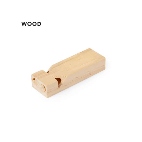 Divertido silbato con dos modalidades de sonido distintas. Fabricado en suave madera, de diseño artesanal con un toque natural. Presentado individualmente en bolsa reciclada.