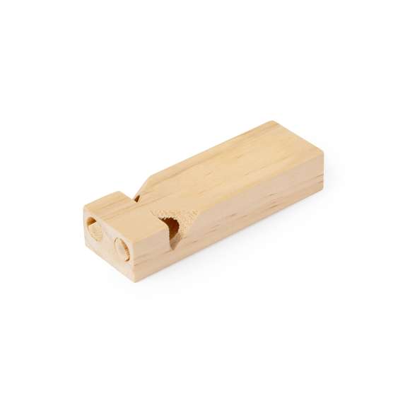 Divertido silbato con dos modalidades de sonido distintas. Fabricado en suave madera, de diseño artesanal con un toque natural. Presentado individualmente en bolsa reciclada.