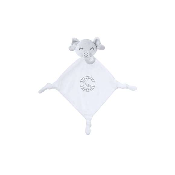 Tierno doudou con lindo diseño de elefante blanco. Con nudos en cada una de las 3 esquinas para estimular el sentido del tacto del bebé, facilitando la relajación. Fabricado en una única pieza de tela, para evitar que se separe en trozos más pequeños.