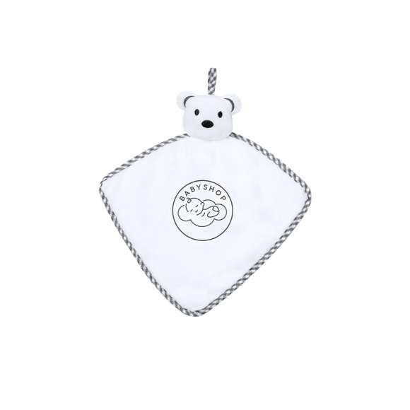 Tierno doudou con lindo diseño de osito blanco. Fabricado en una única pieza de tela, para evitar que se separe en trozos más pequeños. Con bordes reforzados en tela bicolor y práctica asa de transporte.
