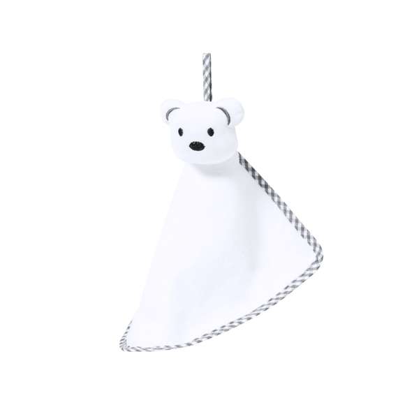 Tierno doudou con lindo diseño de osito blanco. Fabricado en una única pieza de tela, para evitar que se separe en trozos más pequeños. Con bordes reforzados en tela bicolor y práctica asa de transporte.