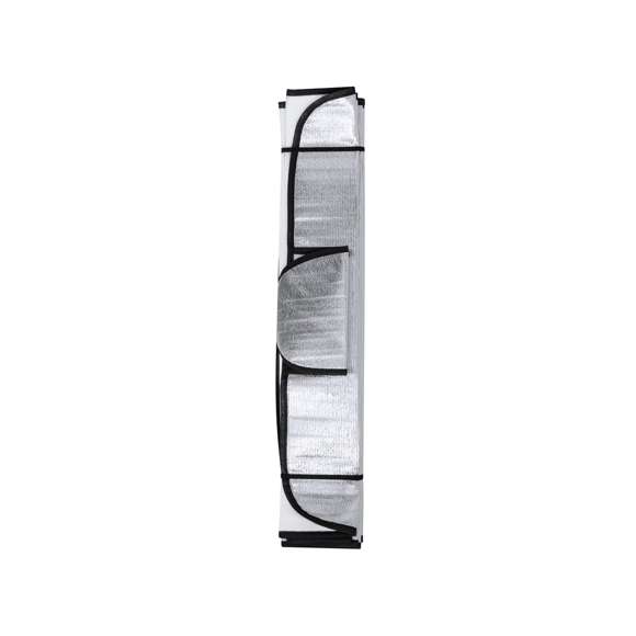 Resistente parasol de aluminio en una cara, diseñado para situarlo en el exterior de la luna delantera y como protección ante fenómenos adversos como la nieve. Incluye dos solapas laterales que se ajustan entre el marco y las puertas del vehículo, proporcionando un aislamiento adicional a la luna delantera. Enrollable y con gomas para un fácil almacenamiento.Presentado en bolsa individual reciclada.