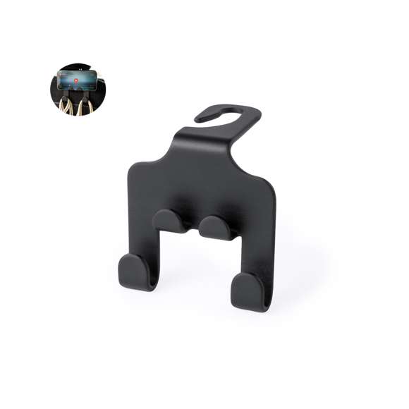 Resistente soporte fabricado en ABS. Fácil instalación mediante el gancho abierto diseñado para colocarse en el reposacabezas, con soporte para dispositivos móviles y dos ganchos adicionales para bolsas. Presentado en bolsa individual.