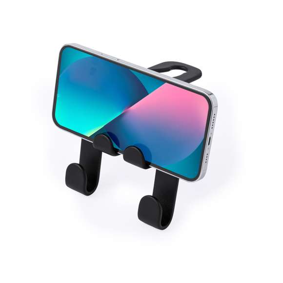 Resistente soporte fabricado en ABS. Fácil instalación mediante el gancho abierto diseñado para colocarse en el reposacabezas, con soporte para dispositivos móviles y dos ganchos adicionales para bolsas. Presentado en bolsa individual.