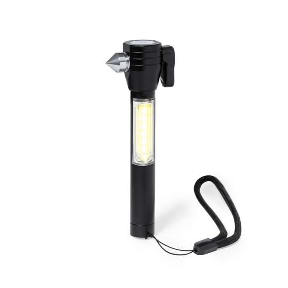 Versátil martillo de emergencia. Cuenta con tres funciones: una potente linterna con 6 luces COB alimentadas por pilas de botón (incluidas), una punta metálica rompecristales y una cuchilla cortacinturones. Zona imantada en parte superior y tira para una mejor sujeción. Presentado en caja individual kraft.