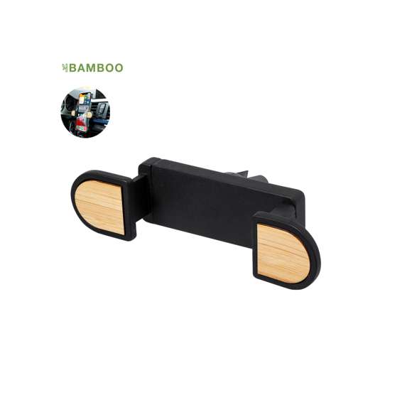 Soporte ajustable para smartphone de diseño minimalista, con base rotatoria 360º y de elegante acabado en color negro con detalles en bambú. Con sistema de fijación en rejilla de ventilación del automóvil y amplia superficie de marcaje, diseñado especialmente para tampografía. Presentado en caja de diseño kraft. Materiales como el bambú fomentan la utilización de materias primas naturales, reduciendo las emisiones contaminantes. Proviene de una planta de gran resistencia y versatilidad, con crecimiento y regeneración rápidos, siendo una excelente alternativa al uso de madera tradicional.