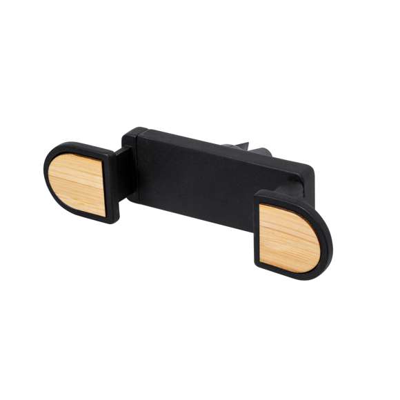 Soporte ajustable para smartphone de diseño minimalista, con base rotatoria 360º y de elegante acabado en color negro con detalles en bambú. Con sistema de fijación en rejilla de ventilación del automóvil y amplia superficie de marcaje, diseñado especialmente para tampografía. Presentado en caja de diseño kraft. Materiales como el bambú fomentan la utilización de materias primas naturales, reduciendo las emisiones contaminantes. Proviene de una planta de gran resistencia y versatilidad, con crecimiento y regeneración rápidos, siendo una excelente alternativa al uso de madera tradicional.
