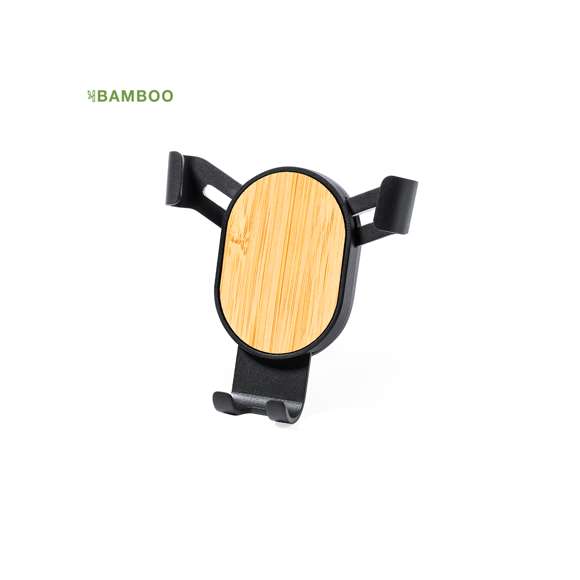 Ingenioso soporte para smartphone de diseño minimalista y especialmente diseñado para smartphones tamaño XXL. Elegante diseño negro con detalles en bambú, con sistema de fijación universal que se adapta por el propio peso del teléfono, ajustando las pinzas de agarre una vez que se sitúa el dispositivo en el soporte, con base rotatoria 360º. Para rejilla de ventilación del automóvil y con frontal especialmente diseñado para marcaje. Presentado en caja de diseño kraft. Materiales como el bambú fomentan la utilización de materias primas naturales, reduciendo las emisiones contaminantes. Proviene de una planta de gran resistencia y versatilidad, con crecimiento y regeneración rápidos, siendo una excelente alternativa al uso de madera tradicional.