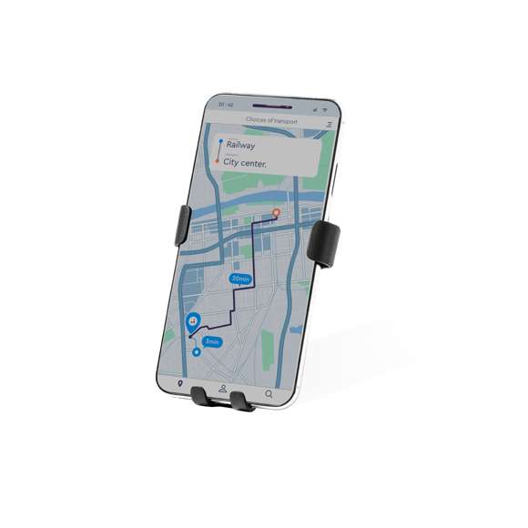 Ingenioso soporte para smartphone de diseño minimalista y especialmente diseñado para smartphones tamaño XXL. Elegante diseño negro con detalles en bambú, con sistema de fijación universal que se adapta por el propio peso del teléfono, ajustando las pinzas de agarre una vez que se sitúa el dispositivo en el soporte, con base rotatoria 360º. Para rejilla de ventilación del automóvil y con frontal especialmente diseñado para marcaje. Presentado en caja de diseño kraft. Materiales como el bambú fomentan la utilización de materias primas naturales, reduciendo las emisiones contaminantes. Proviene de una planta de gran resistencia y versatilidad, con crecimiento y regeneración rápidos, siendo una excelente alternativa al uso de madera tradicional.