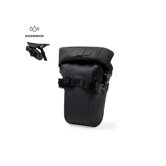 Bolsa para bicicleta impermeable. Complemento perfecto para bicicletas, con acoples para sillín y tija. Con cierre de hebilla y sistema de cierre plegable para una mayor impermeabilidad.