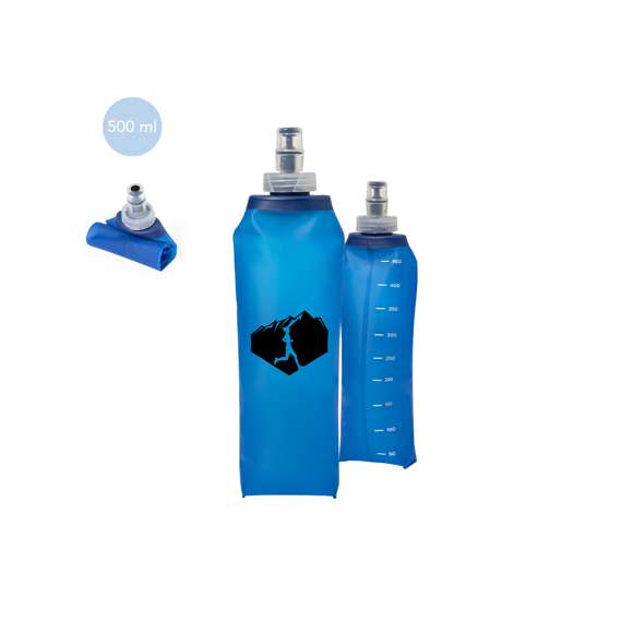 Bidón plegable de 500 ml, práctico y versátil. Su cuerpo flexible de acabado mate permite plegarlo para un almacenamiento cómodo y sencillo. Incluye un dosificador con tapón, y está libre de BPA.