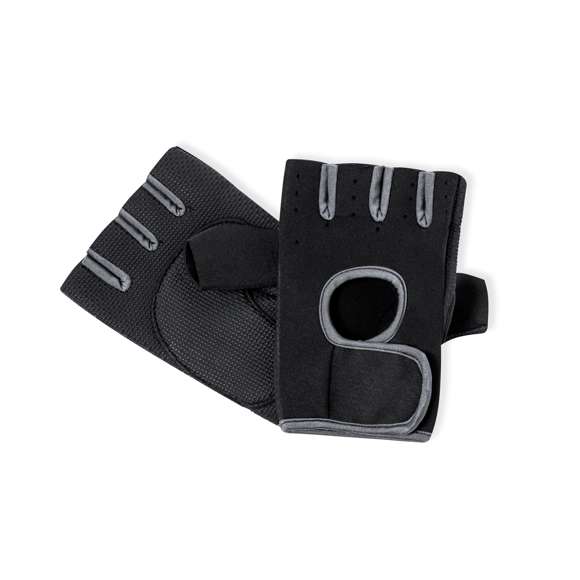 Guantes deportivos fabricados en suave poliéster y licra de neopreno, cuya combinación de tejidos crea una segunda piel que se adapta a la mano. cuentan con un cierre en la muñeca mediante velcro. Estos guantes son cómodos para cualquier disciplina gracias a su alta transpirabilidad, que se logra mediante el diseño de dedos al aire y los disipadores de calor en la parte superior, que además presentan un acabado rugoso para un óptimo agarre. Disponibles en color negro y con costuras en gris, en tallas S-M y L-XL. Presentados en una bolsa reciclada.