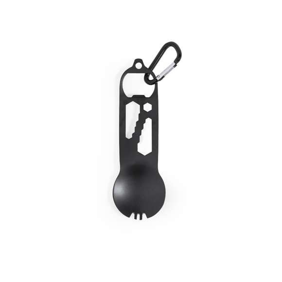 Completa multiherramienta con 16 funciones en acero inox. Incluye: mosquetón para transportarlo fácilmente, zona plana función destornillador, abrebotellas, regla de hasta 5 cm en un lateral, parte central para tuercas de 11 medidas diferentes (desde 1/4 hasta 11) y práctica cuchara con dientes para uso de tenedor. Presentada en una bolsa individual.