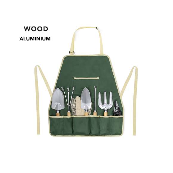 Completo set de jardinería con 7 accesorios y delantal ajustable con bolsillos. Incluye 2 palas de diferentes tamaños, dos rastrillos, un punzón, tijeras de podar y guantes para proteger las manos. Presentado en caja de diseño kraft.