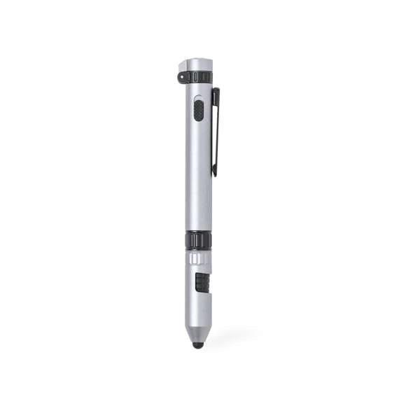 Práctico bolígrafo multifunción con 7 usos. Incluye: soporte para móvil, puntero, bolígrafo de tinta azul, linterna alimentada por pila de botón (incluida), brújula, destornillador plano y philips. Presentado individualmente en una caja de diseño kraft.