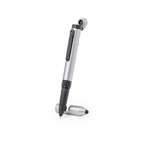Práctico bolígrafo multifunción con 7 usos. Incluye: soporte para móvil, puntero, bolígrafo de tinta azul, linterna alimentada por pila de botón (incluida), brújula, destornillador plano y philips. Presentado individualmente en una caja de diseño kraft.